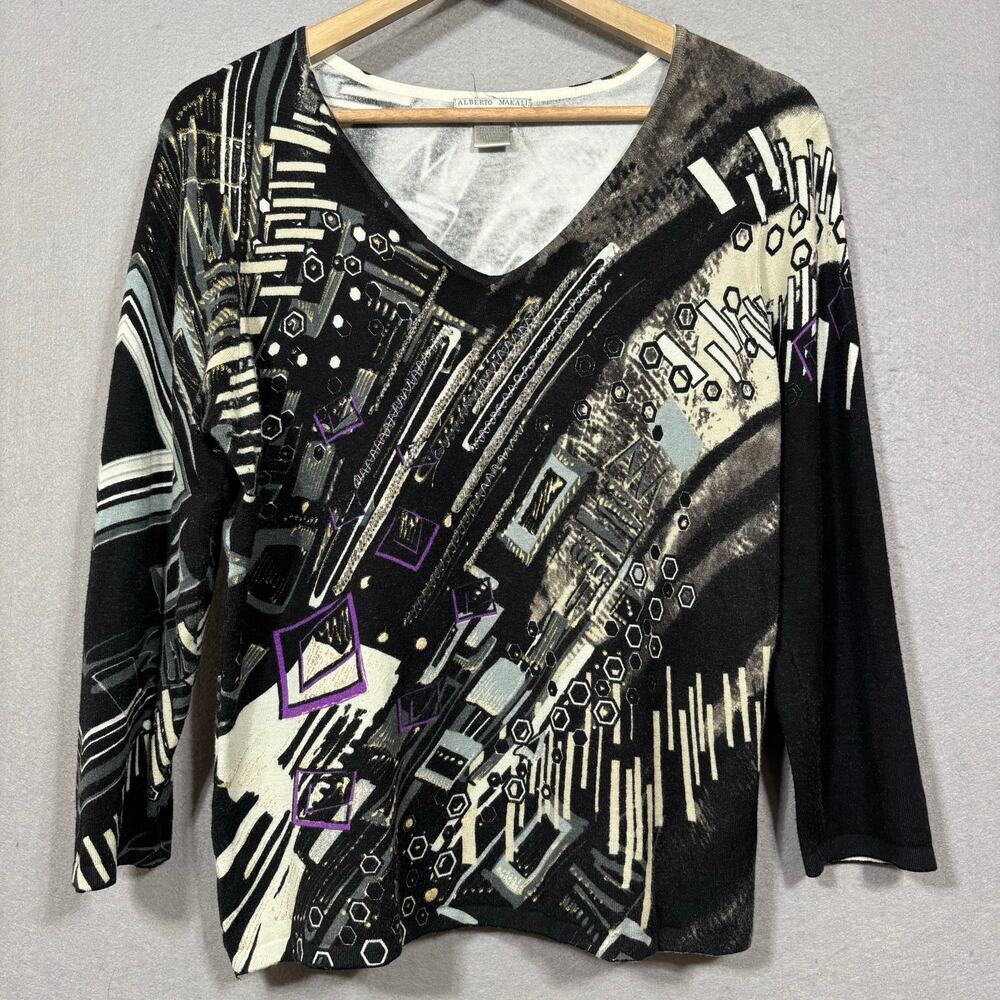 Alberto‎ Makali Top L Black White Abstract V-Neck Artsy Graphic Statement Deco